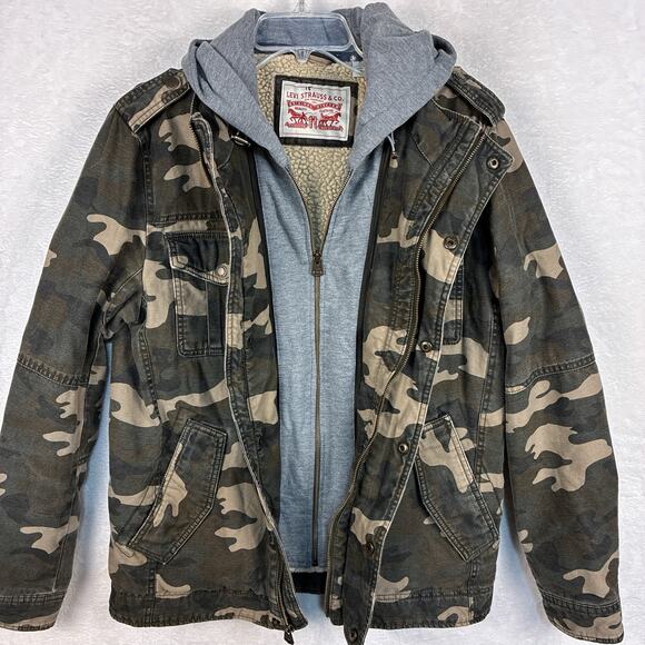Levis Sherpa Lined Field Jacket Hoodie Men S Camo Utility Full Zip Chore Coat - Picture 1 of 11